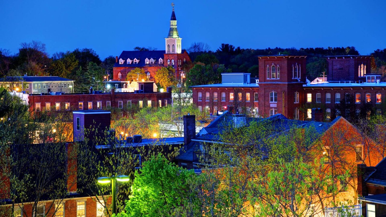 Mill buildings in Dover, New Hampshire at dusk