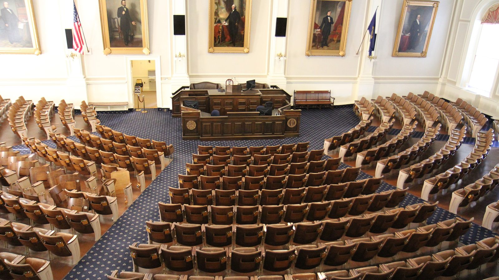 Representatives Hall in the New Hampshire State House, its four hundred seats empty